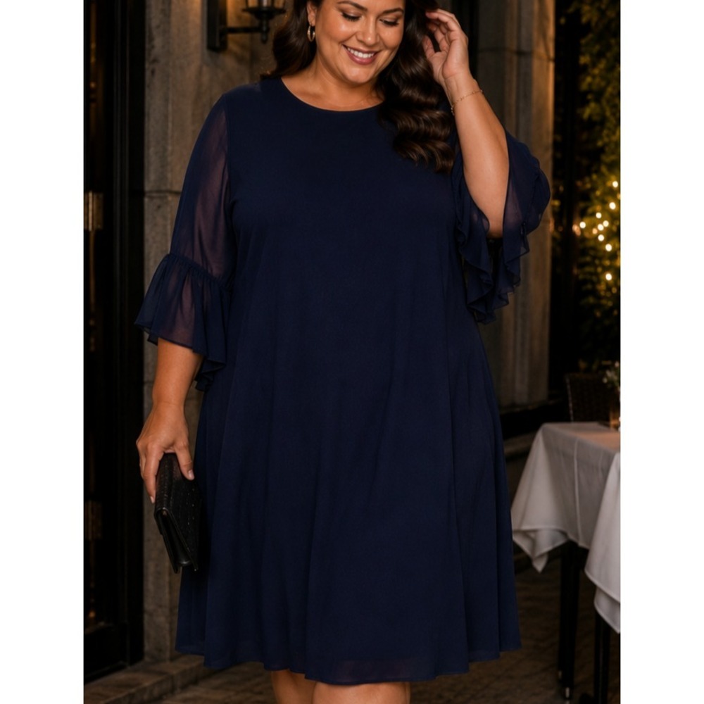 Lauren Ralph Lauren Women Chiffon Ruffle Sleeve Shift Dress 14W Cocktail Classic